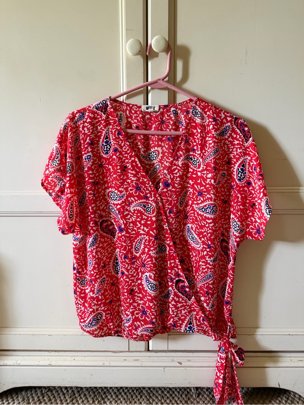 Red Paisley Wrap Blouse with Side Tie